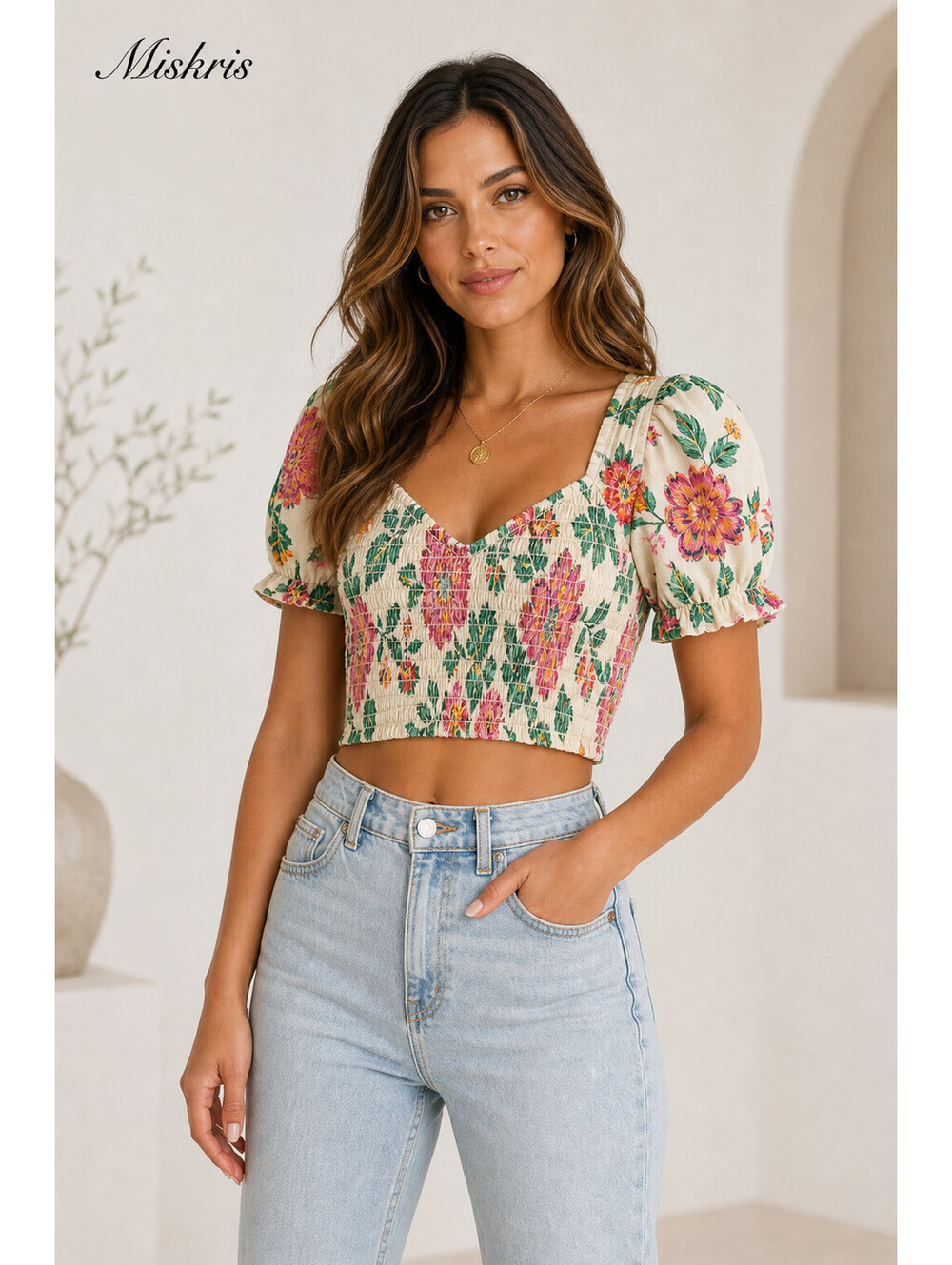 MISA Los Angeles Floral Smocked Crop Top XS Puff Sleeve Cream Pink Green NWT